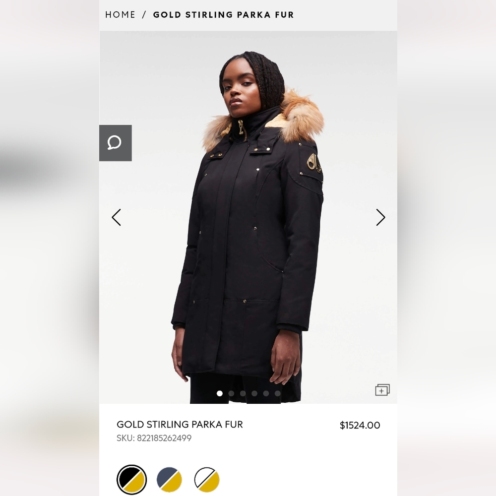 Moose Knuckles Black and Gold Puffer Jacket with Fur Hood